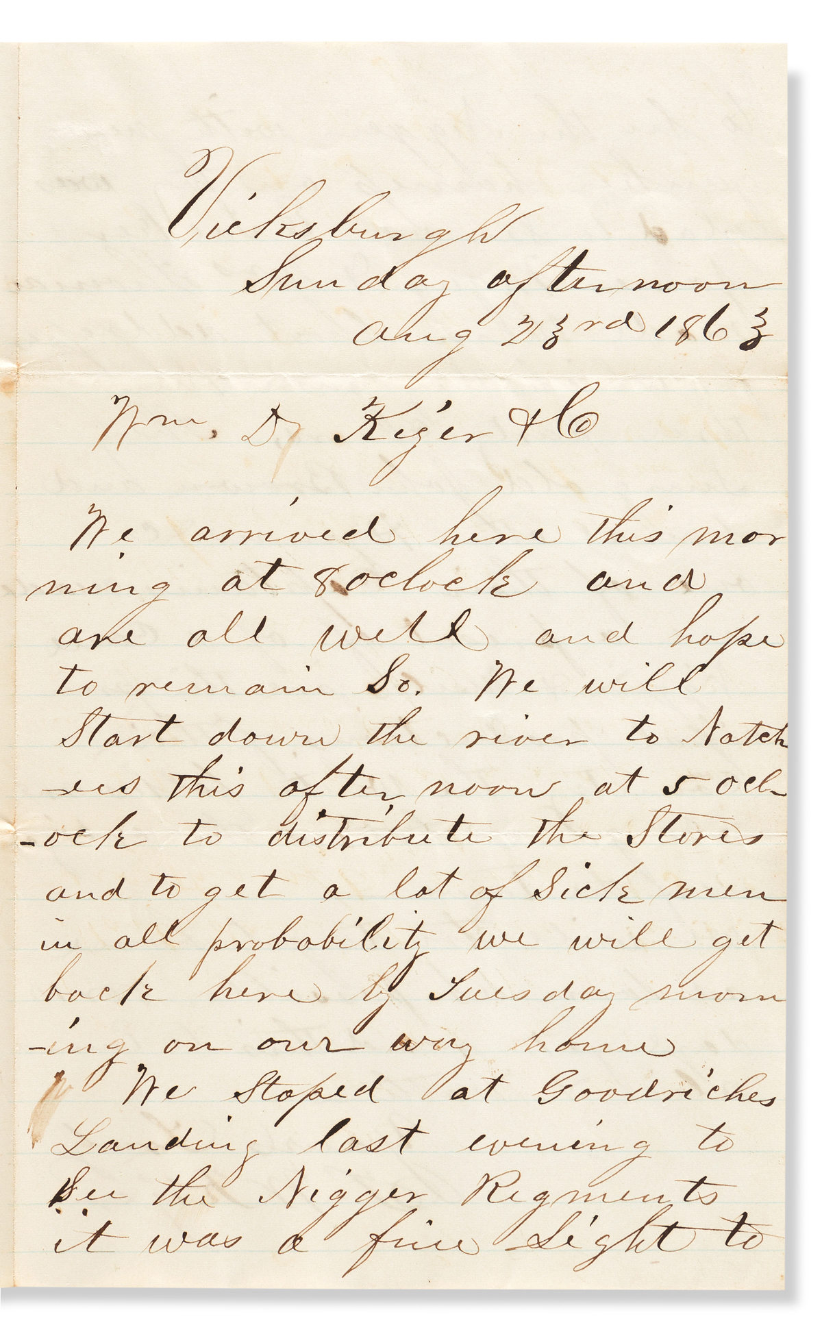 (CIVIL WAR--INDIANA.) Thomas W. Kizer. Letter describing an Indiana Sanitary Commission visit to a Colored Regiment.